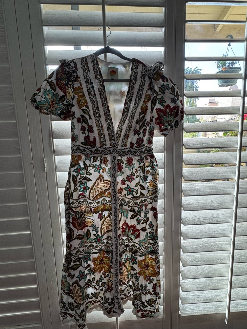 FARM Rio White Midi Dress with Red, Green & Yellow Botanical Print
